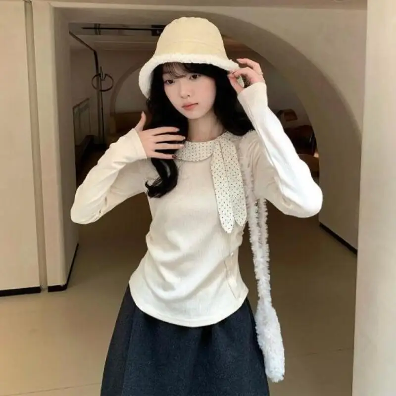 

Korean Style Fashion Long Sleeve T-Shirt Cotton Women for Spring Summer Polka Dots Color Blocking Bow Design Long Sleeve Top