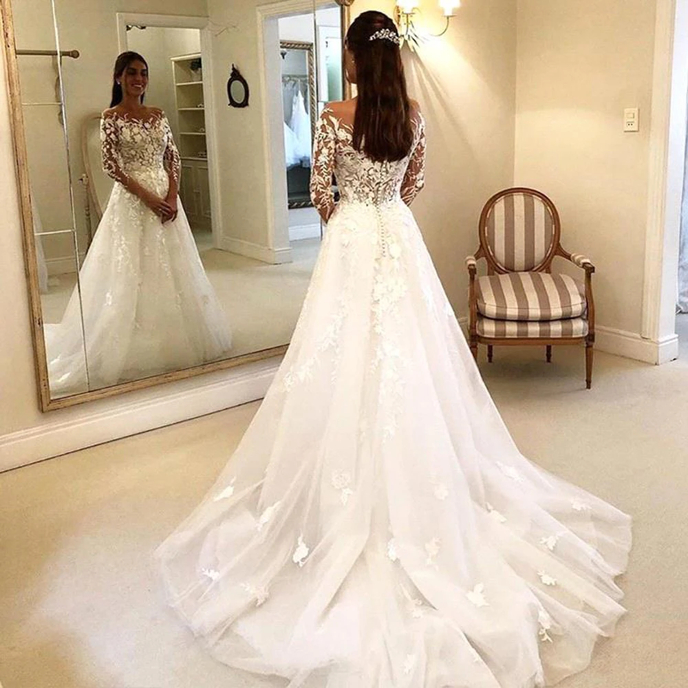 Appliques Lace Wedding Dresses Tulle A Line Three Quarter Sleeves Bridal Gowns Embroidery Elegant Robe De Mariee Custom Made