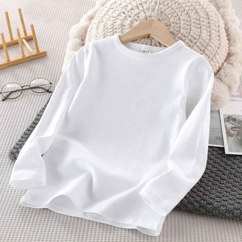 Spring Kids Girls White T-shirts Cotton Pullover Long Sleeve Tops for Big Boys Casual Solid Color O-neck Shirts Teenage Clothes