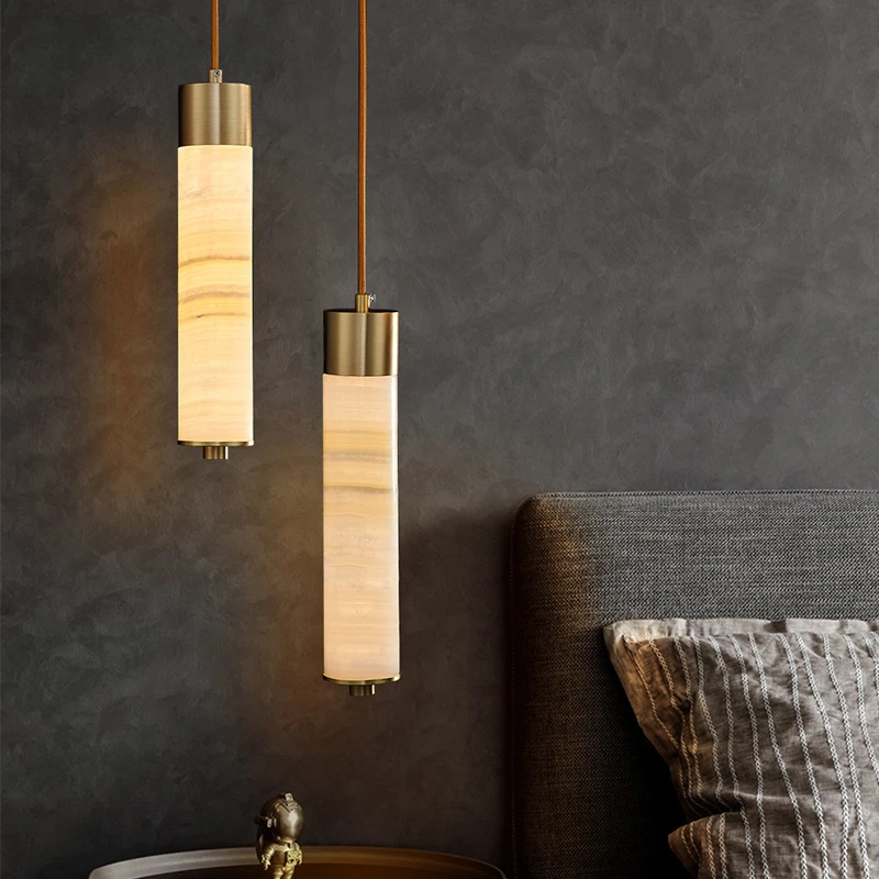 Copper Spanish Marble Small LED Chandelier High-end Modern Simple Bedroom Bedside Pendant Light Bar Counter Hanging Lamp