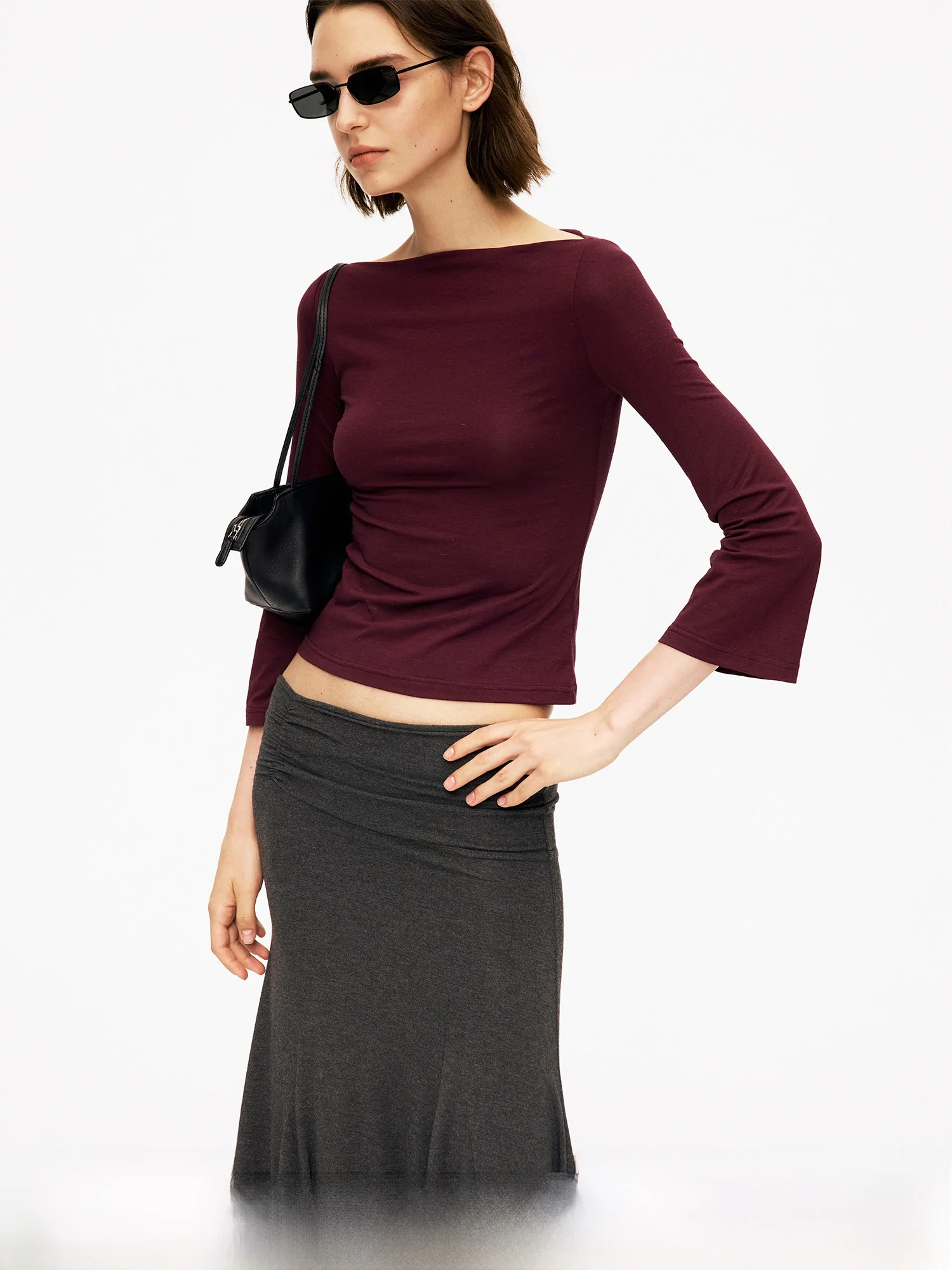 Curri And Long Sleeve Knitted T-Shirt One Shoulder Design Dual Color Slim Fit Cotton Polyester Blend Fashionable Women Top