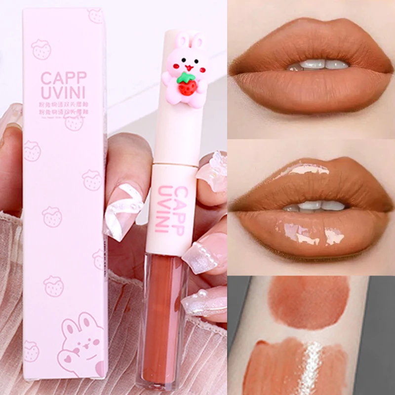 1PC Matte Velvet Double Head Lip Gloss Waterproof Lasting Water Light Sexy Red Brown Tint Liquid Lipstick Korean Makeup Cosmetic