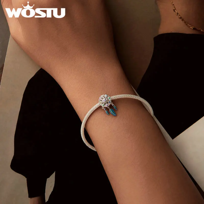 WOSTU Retro Gradient Purple-pink Heart Charm Feather Dreamcatcher Flower Pendant Fit Girl Original Bracelet 925 Sterling Silver