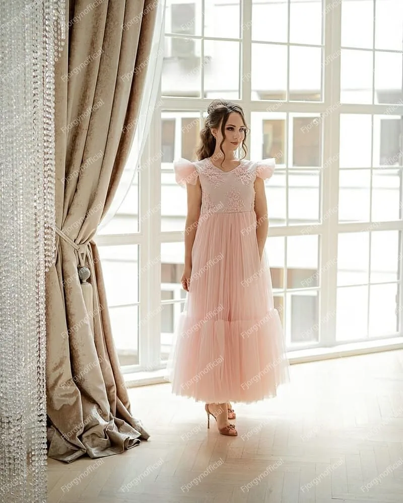 Pink Mother And Kid Tulle Matching Dresses Puffy Shoulder Long   Photo Shoot Family Look First Birthday Mom And Me Evening Gowns