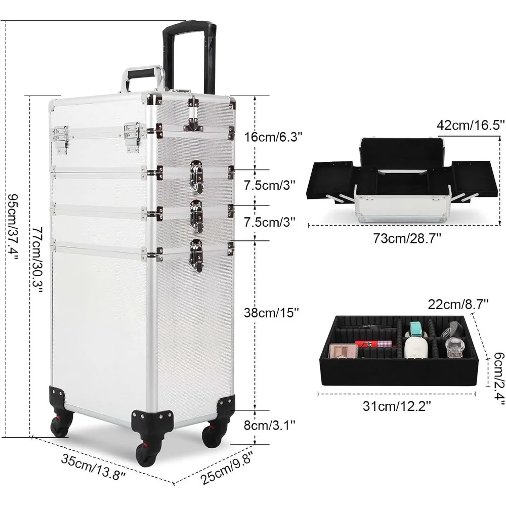 حقيبة مكياج دوارة 4 في 1، حقيبة سفر كبيرة لتخزين مستحضرات التجميل مع مفتاح وعجلات لصالونات الحلاقة Travelin #6