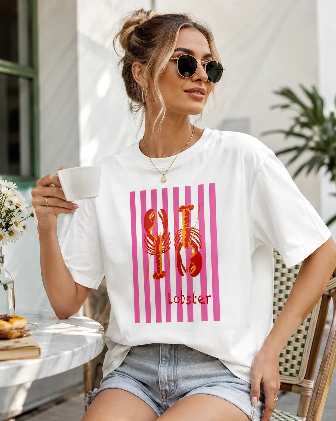Womens Casual and Comfortable Summer T-Shirt with American Lobster Print – Short-Sleeve Round-Neck Fashionable Y2K-Style T-Shirt