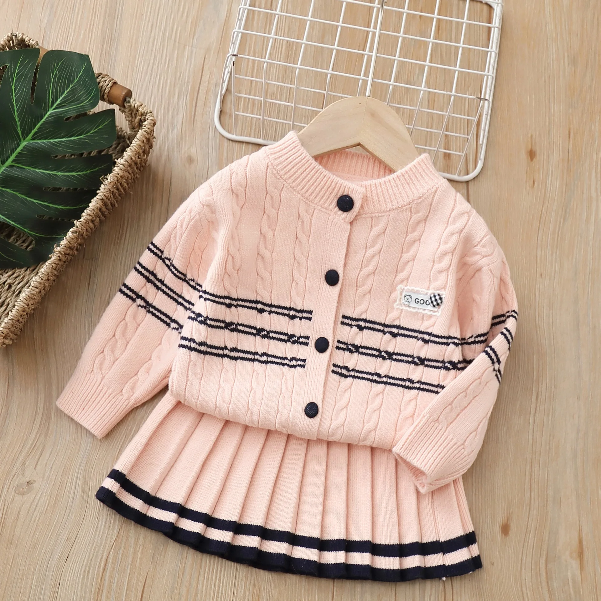 2026 New Girls Preppy Knit Cardigan Two-Piece Set, 2026 Fall New Outfit for Toddler 2-6Years