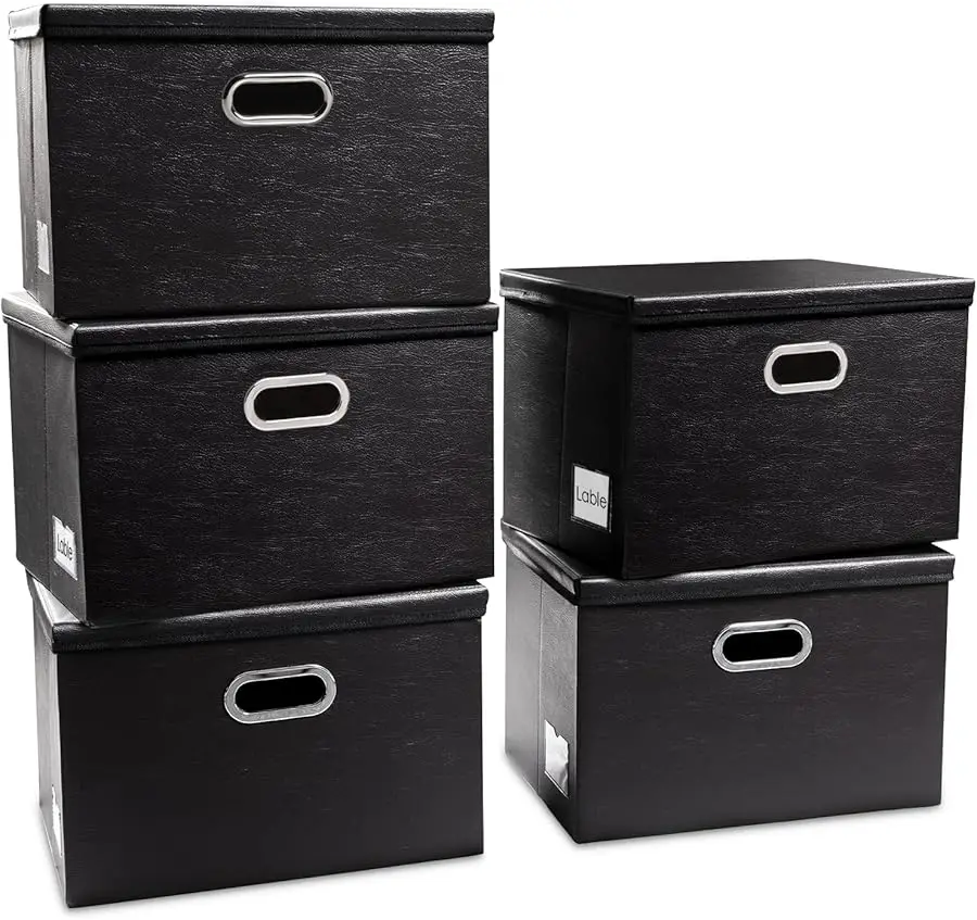 

Extra Stackable Storage Bins with Lids [5-Pack] Leather Fabric Foldable Storage Boxes Organizer Containers Baskets Cube with Cov