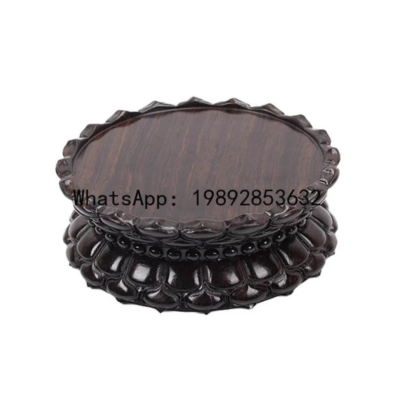 Ebony double-layer round lotus base vase, stone buddha statue, solid wood base, bodhisattva carving ornaments, classical light