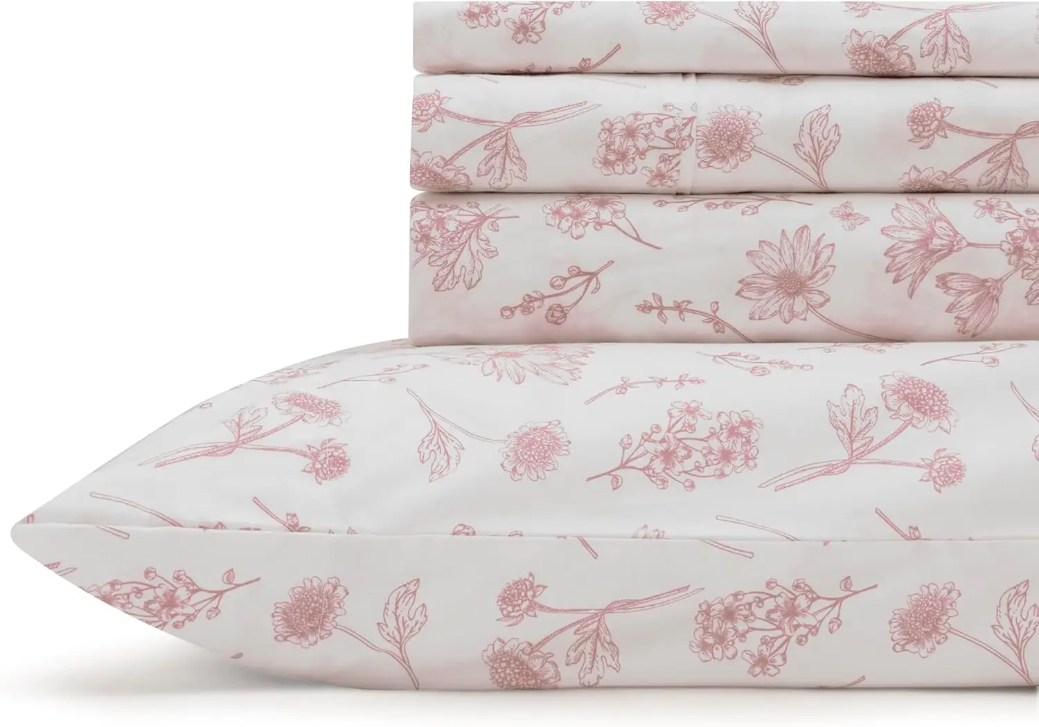 

Комплект постельного белья California King Size из хлопкового перкаля, 4 предмета, с глубокими карманами, с принтом в виде цветочных мотивов цвета малины, прохладное и дышащее.