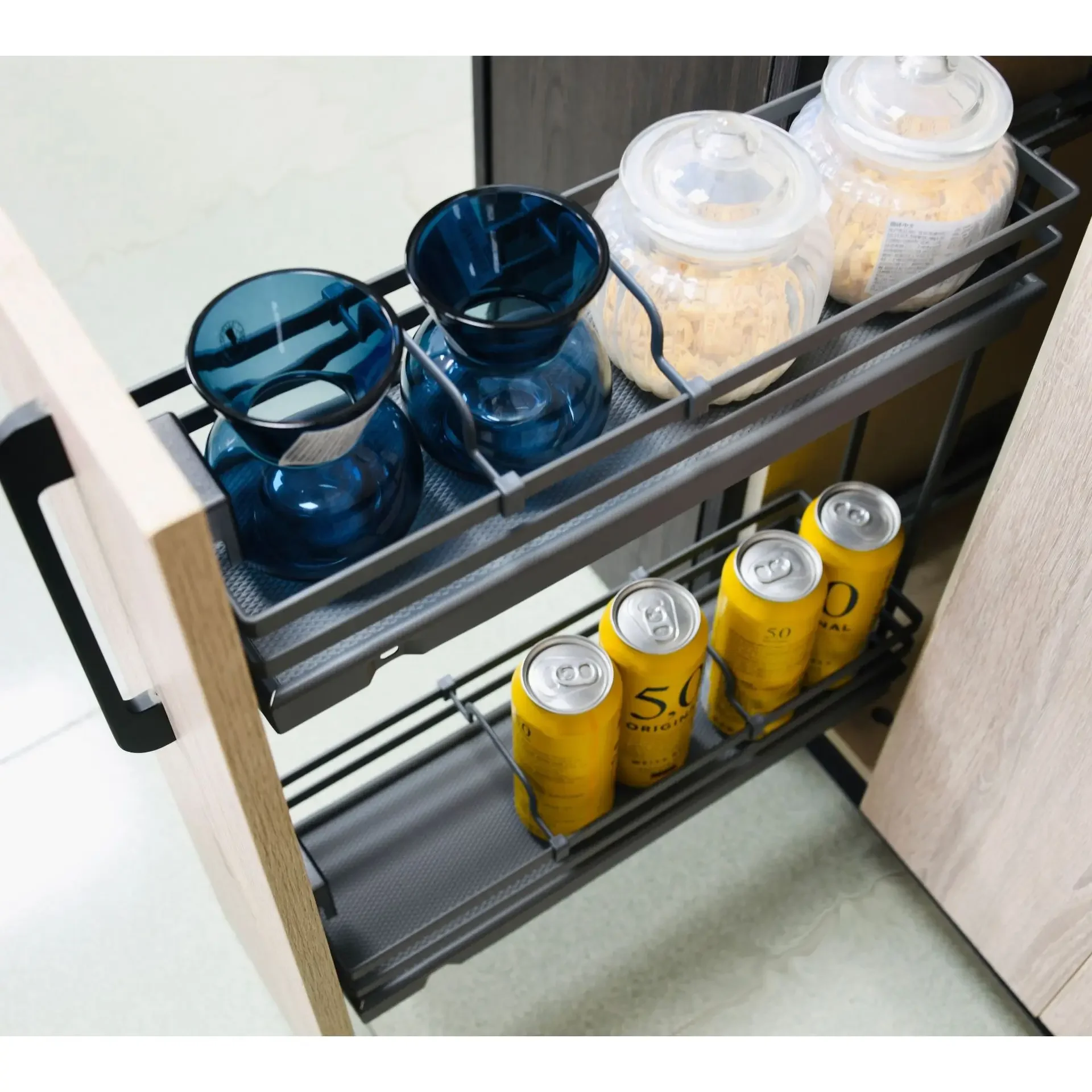 Narrow cabinet matching function pull basket, plate type double-layer simple pull basket side/bottom damping guide rail