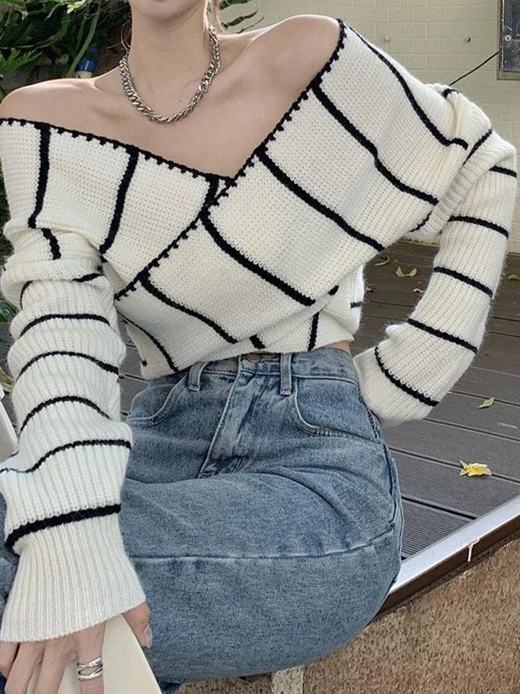 Striped Sweater Women Off Shoulder Long Sleeve Slim Knitted Pullover Female Elegant Sexy Contrast Color Versatile Short Jumper