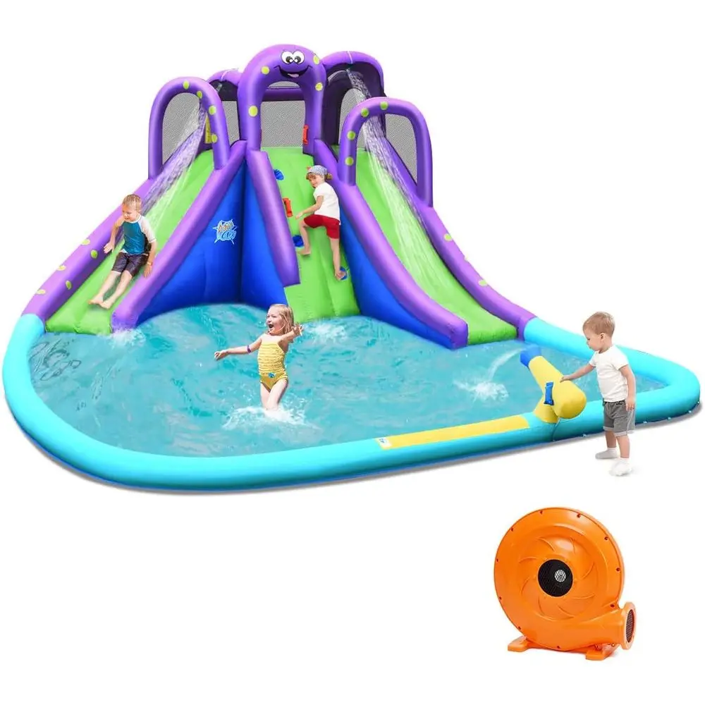 

Iatable Water Slide, Octopus Themed Giant Kids Water Park w/ 2 Slides & Climbing Wall, Water Hoses & Cannon, Large Spl