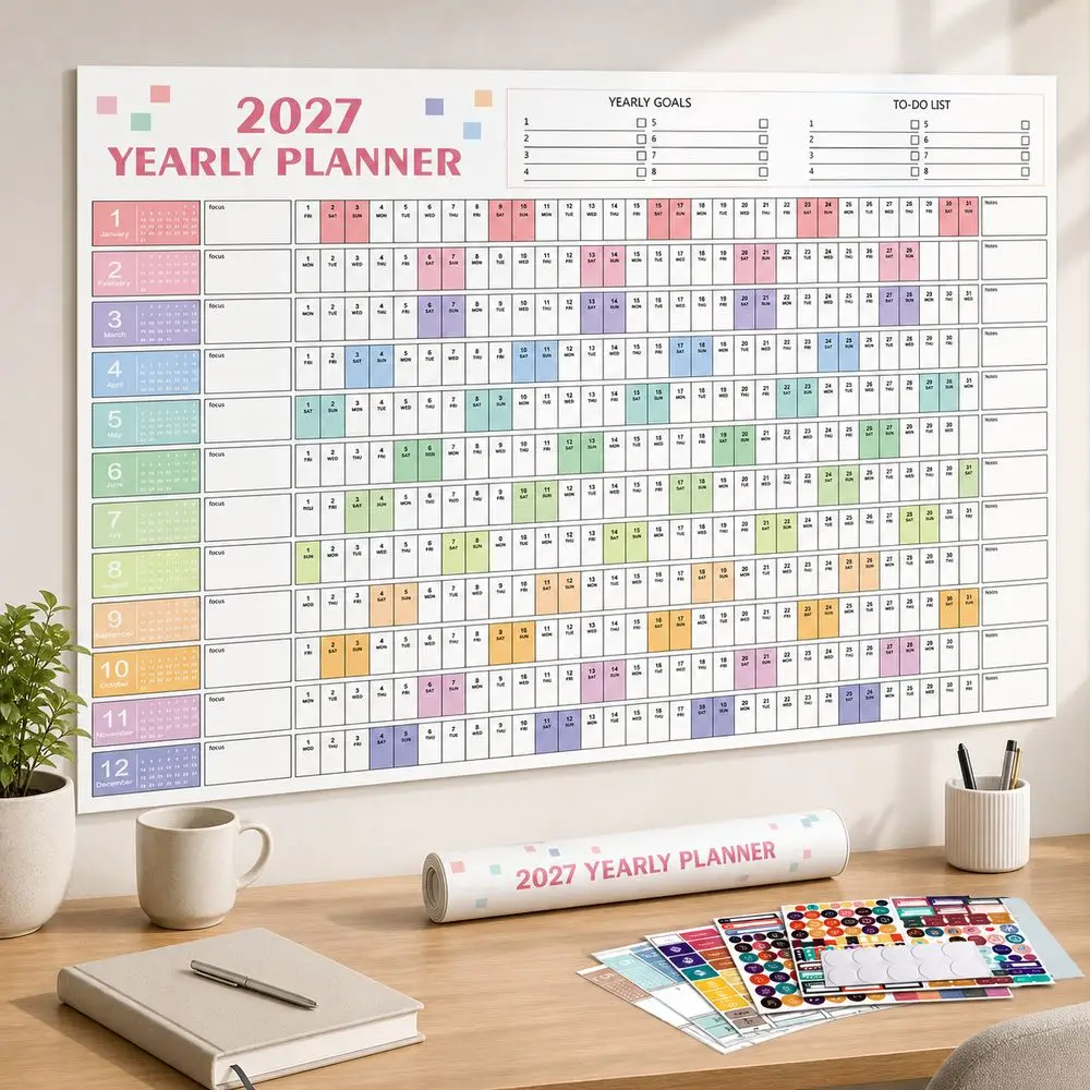 Paper 2027 Wall Calendar Writable Planning Grid Multicolor Layout Calendar Planner Sheet To Do List Schedule Agenda Organizer