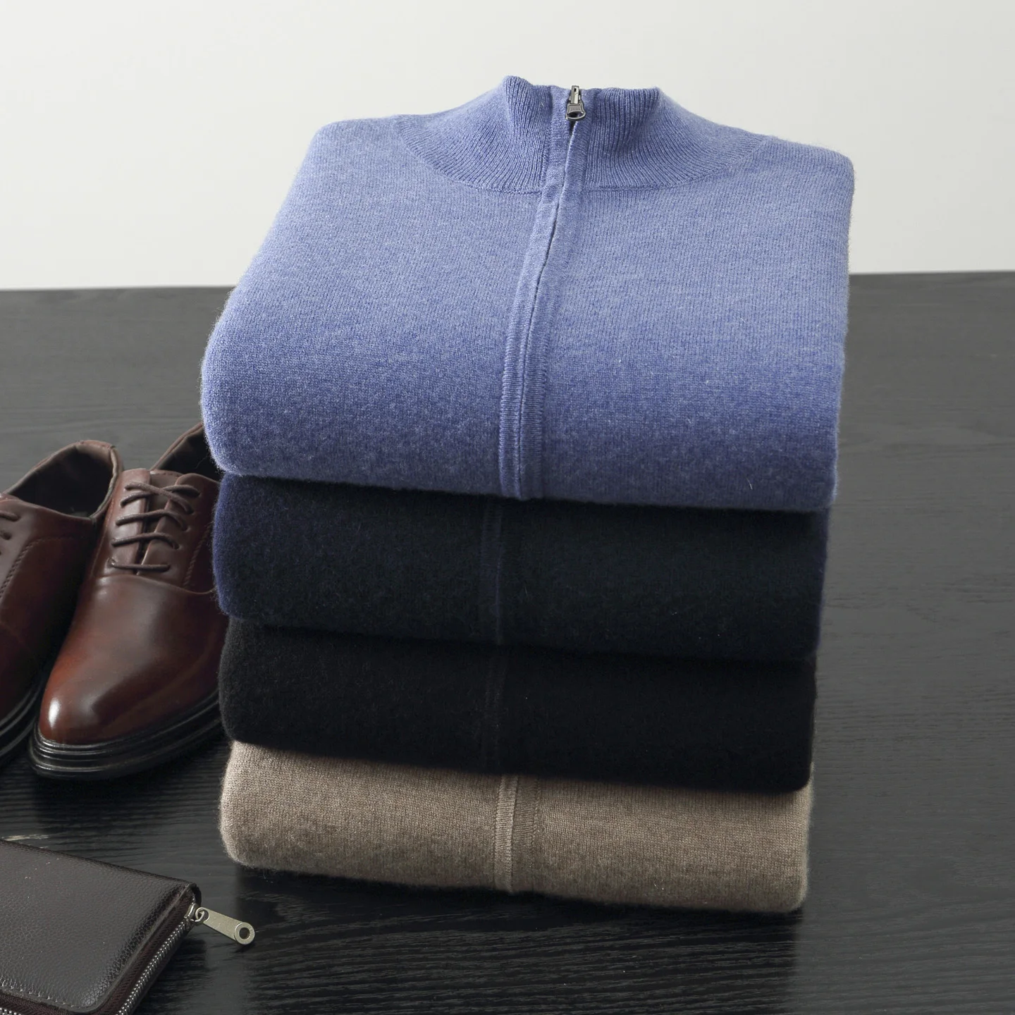 

Autumn Winter Men 100% Cashmere Sweater Thick Mock Neck Zipper Cardigan Coat Smart Casual Double Side Cashmere Knitwear Tops