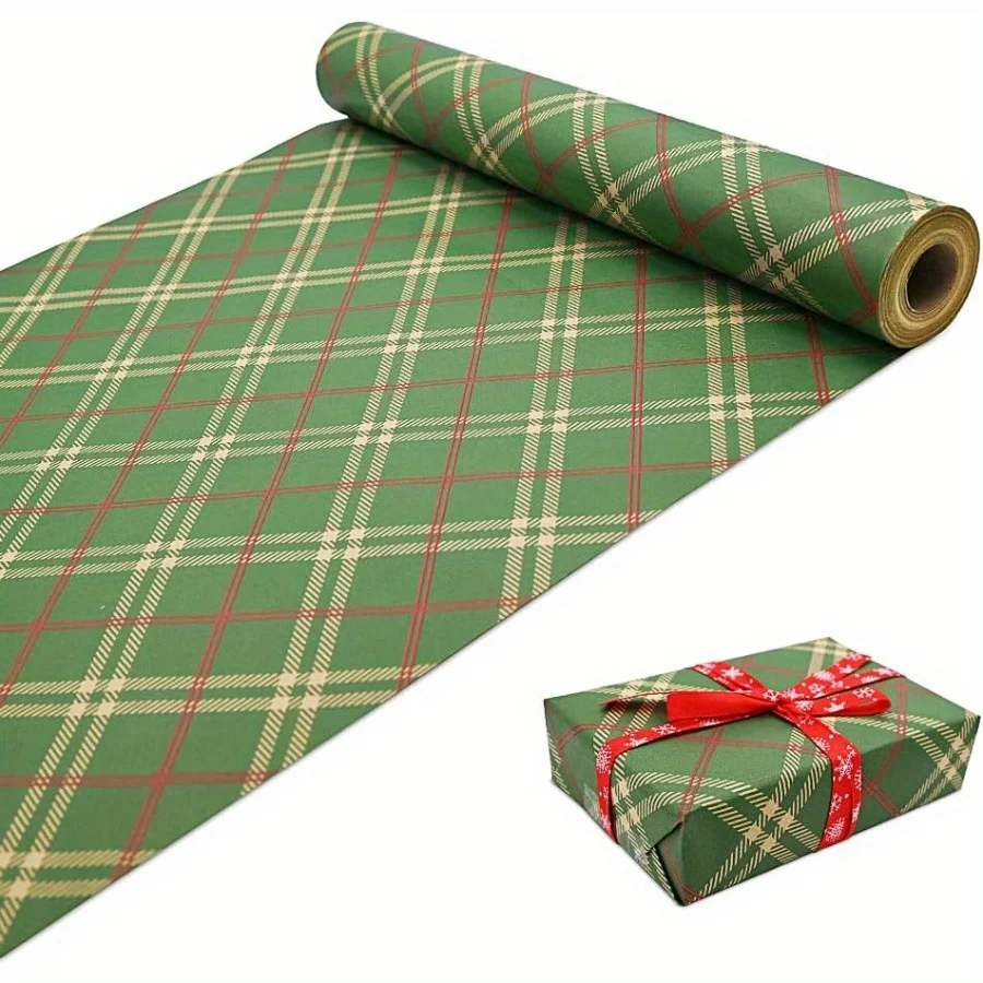 Extra breites 43 cm x 3 m (16,9 x 118 Zoll) Weihnachts-Geschenkpapier – elegantes grünes und rotes Karomuster, reißfestes Kraftpapier