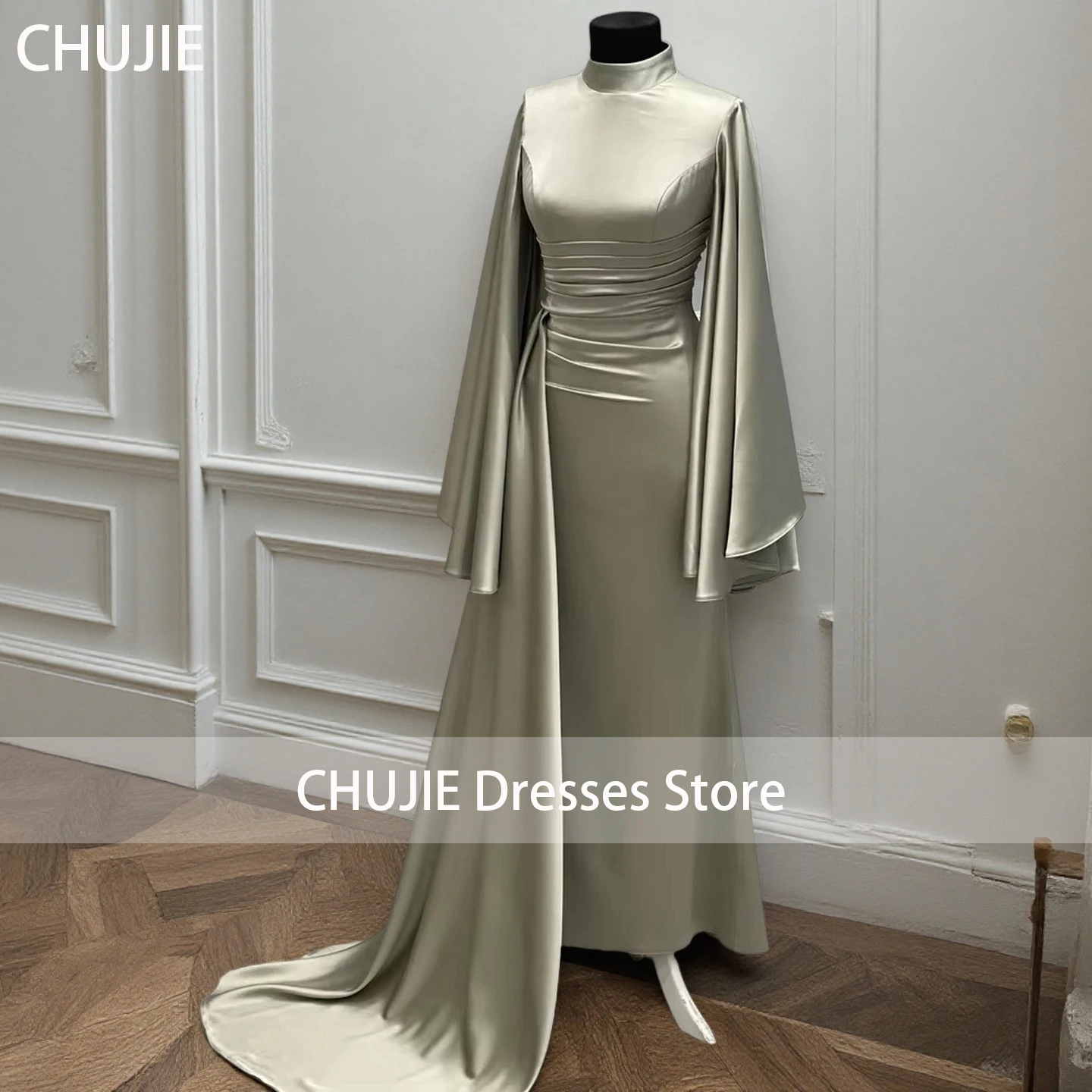 

Light Olive Ruffle Sleeve Evening Dresses For Woman Silk Satin Side Train Wedding Dress Party Gowns Custom Arabia فستان المساء
