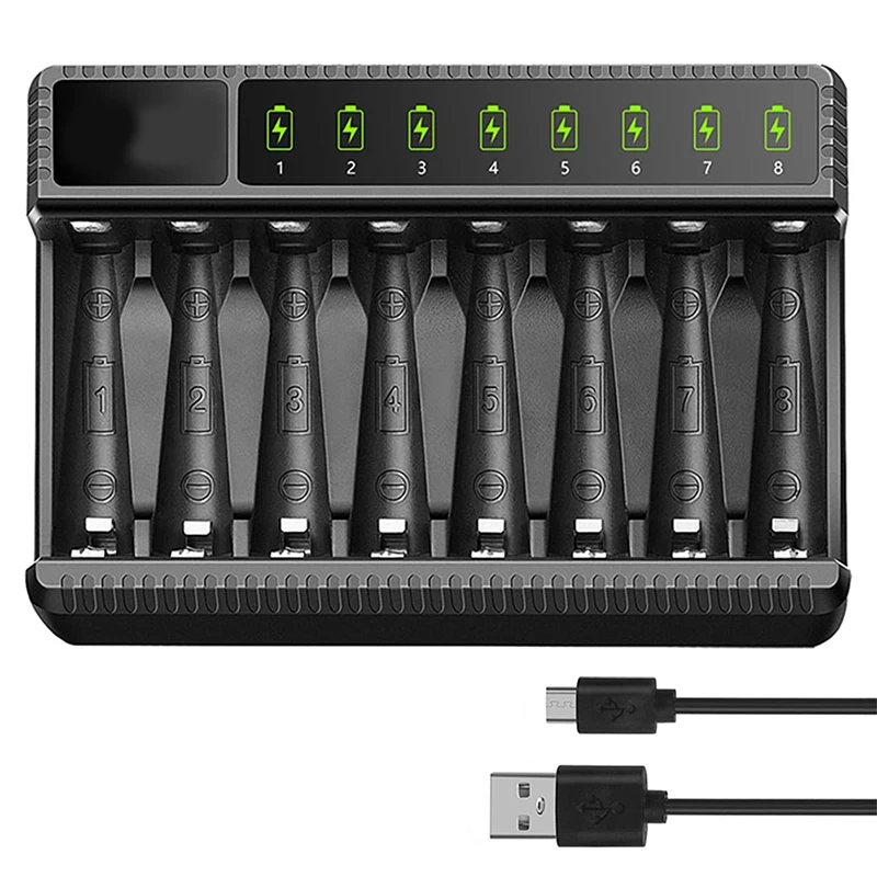 Charger 8-slot AA AAA battery charger, USB high-speed charging, independent card slot, smart charging