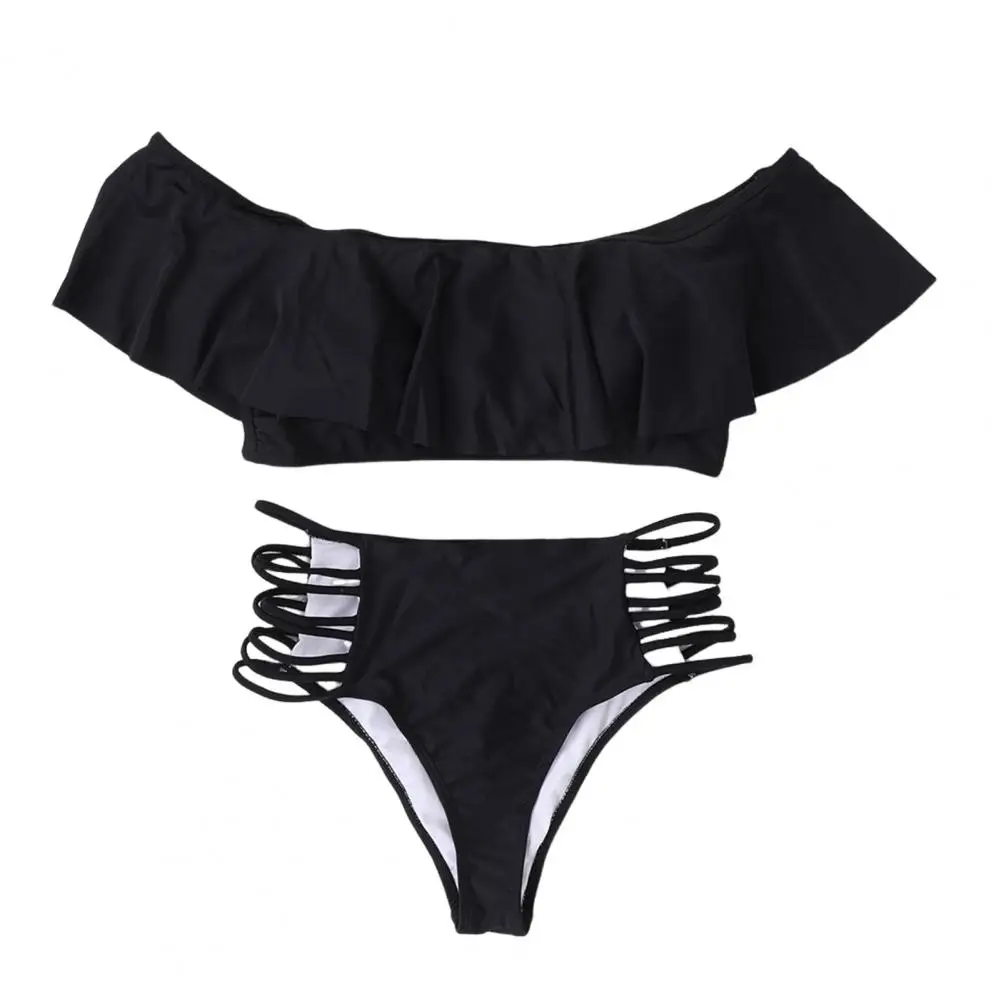 High-waisted Bikini Set Breathable Swimwear Stylish Off Shoulder Bikini Set with Trim High Waist Bandeau 2 Piece Push for Women