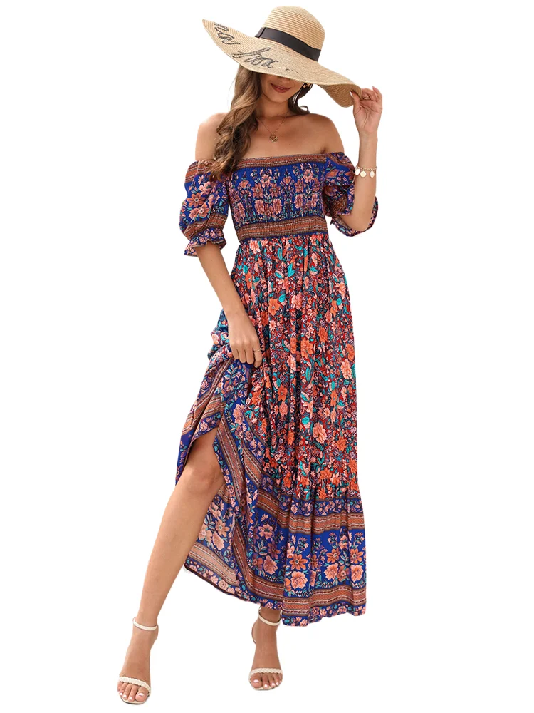 

Bohemian Floral Floral Print Short Sleeve Midi Dress Woman Spring Summer Fashion Casual Slash Neck Dresses For Women 2023 female