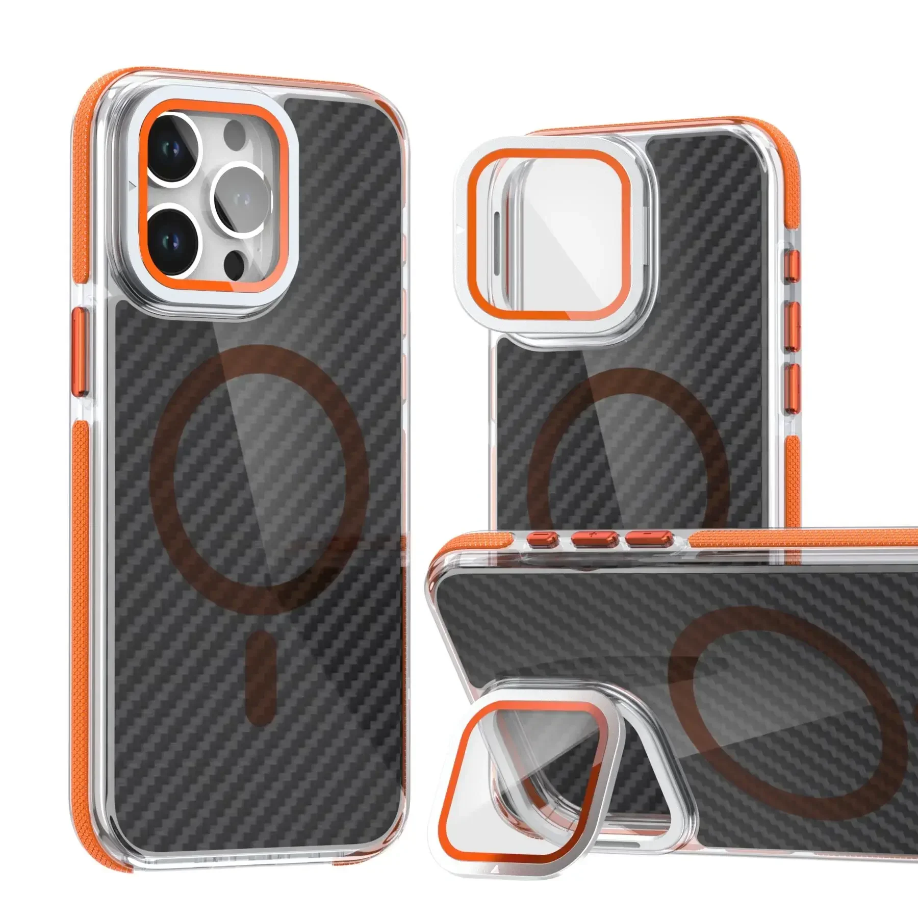 Matte MagSafe Magnetic Lens Stand Case for iPhone 16, 15, 11, 12, 13, 14 Pro Max, Plus - Camera Glass Carbon Fiber Armor Cover