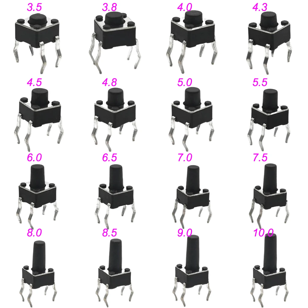 Piezas de botón táctico momentáneo, 50 piezas, 4,5x4,5mm, 4Pin DIP H = 3,5/3,8/4,0/4,3 ~ 12mm, 12V, 260GF
