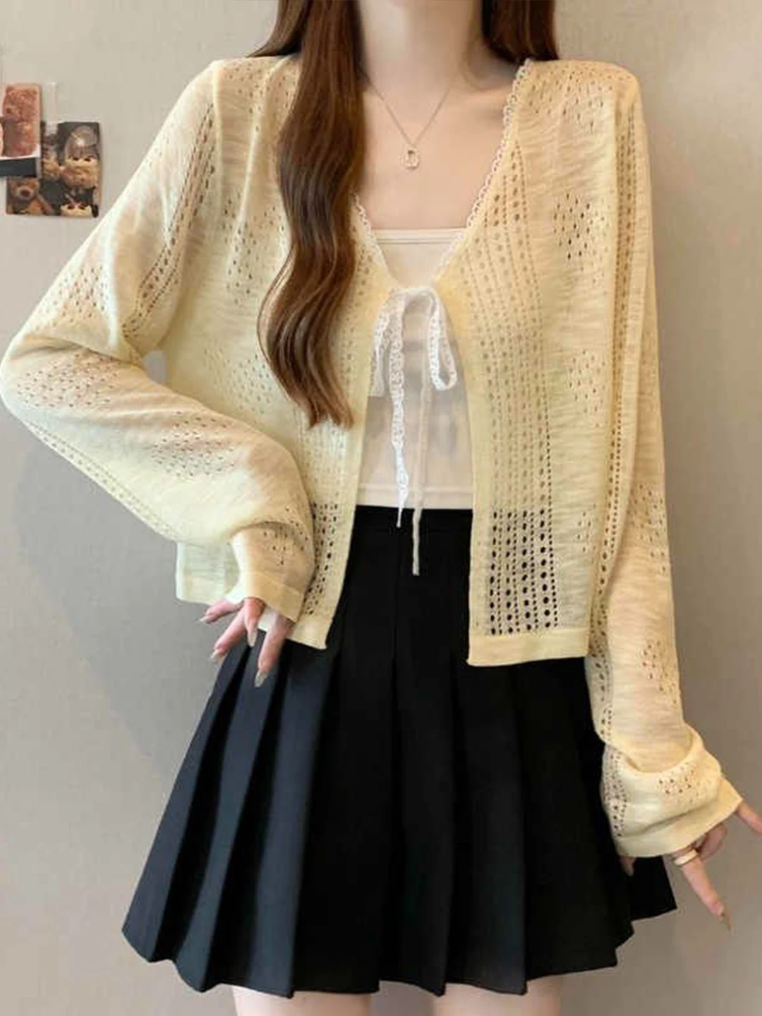 

White Hollow out Knitted Cardigan Women's Summer Thin Long Sleeve Short Top Air Conditioning Shirt UV Protection Wrap Shawl