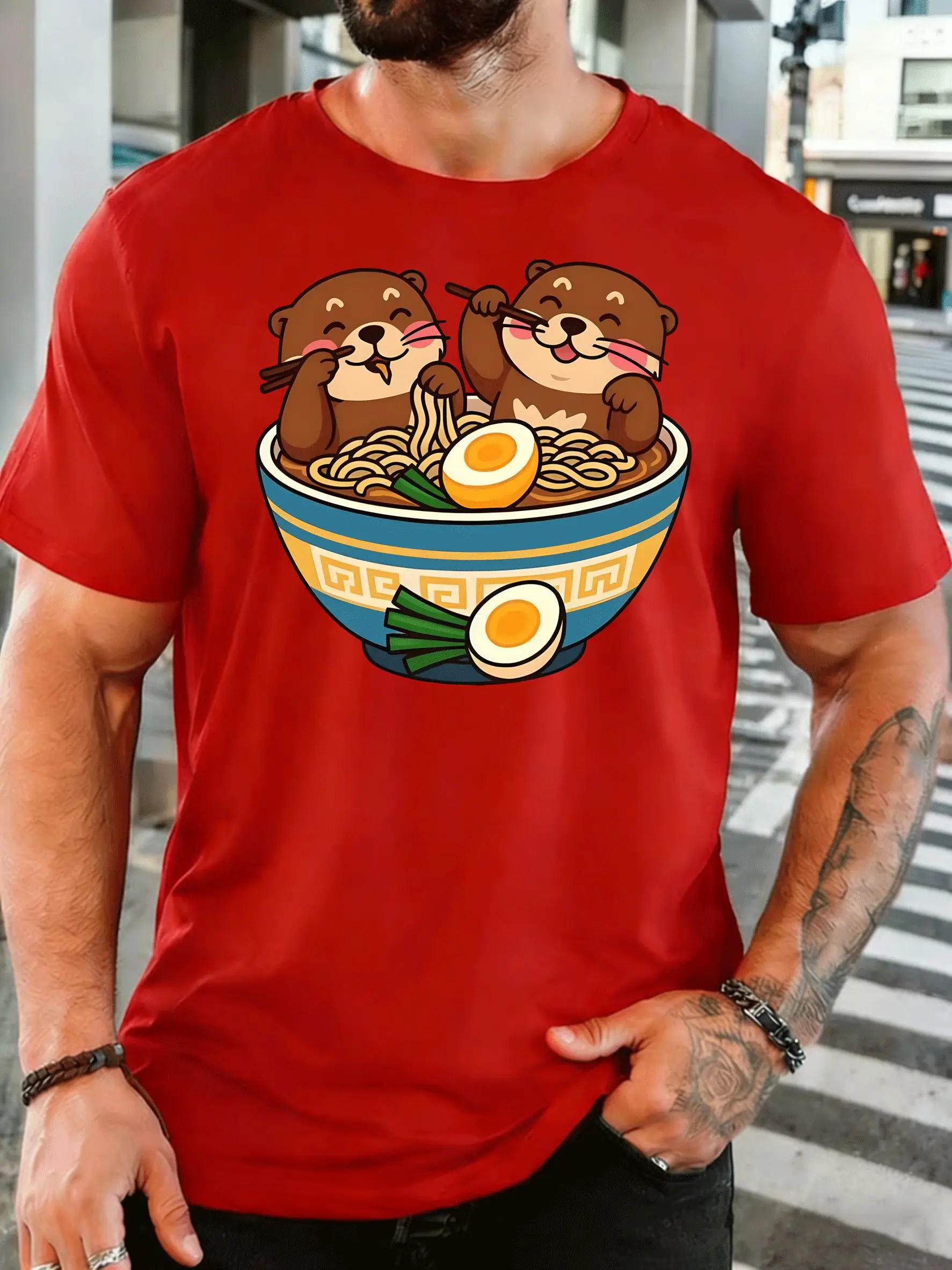Cute Otters Eating Ramen Noodles Mens Front Print T Shirt Kawaii Animal Food Graphic Tee Casual Short Sleeve Noodle Lover Gift