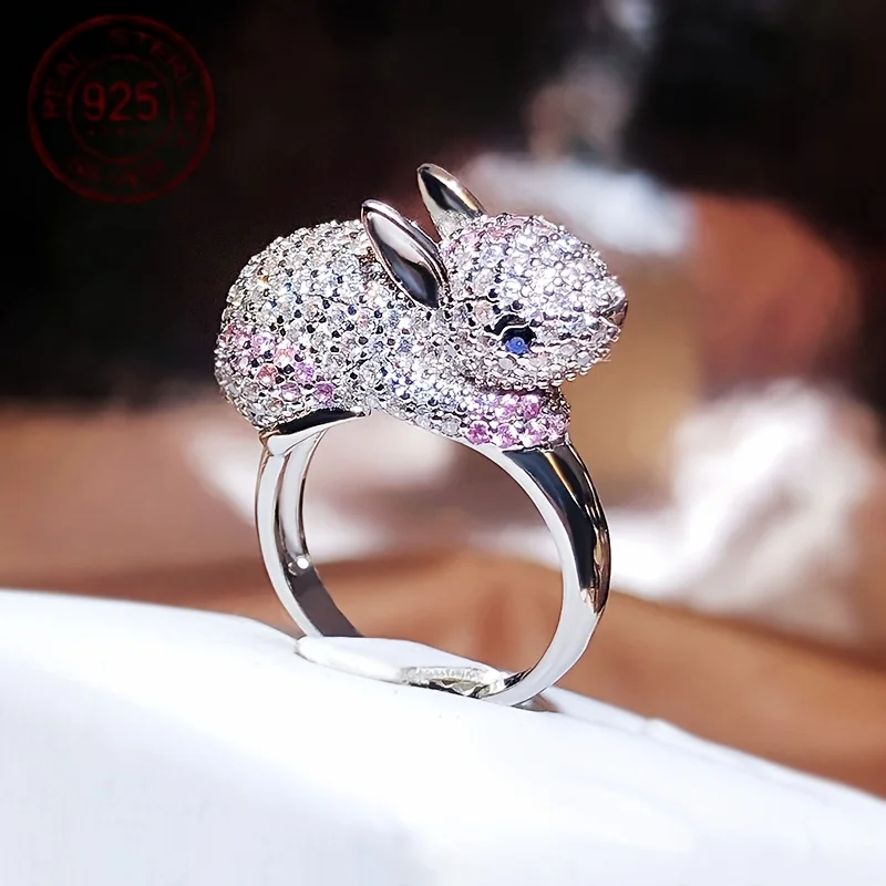 

925 Silver Rabbit Shape Ring Animal Jewelry Full Zircon 14K White Gold Plated Cute Ladies Ring Party Finger Ring