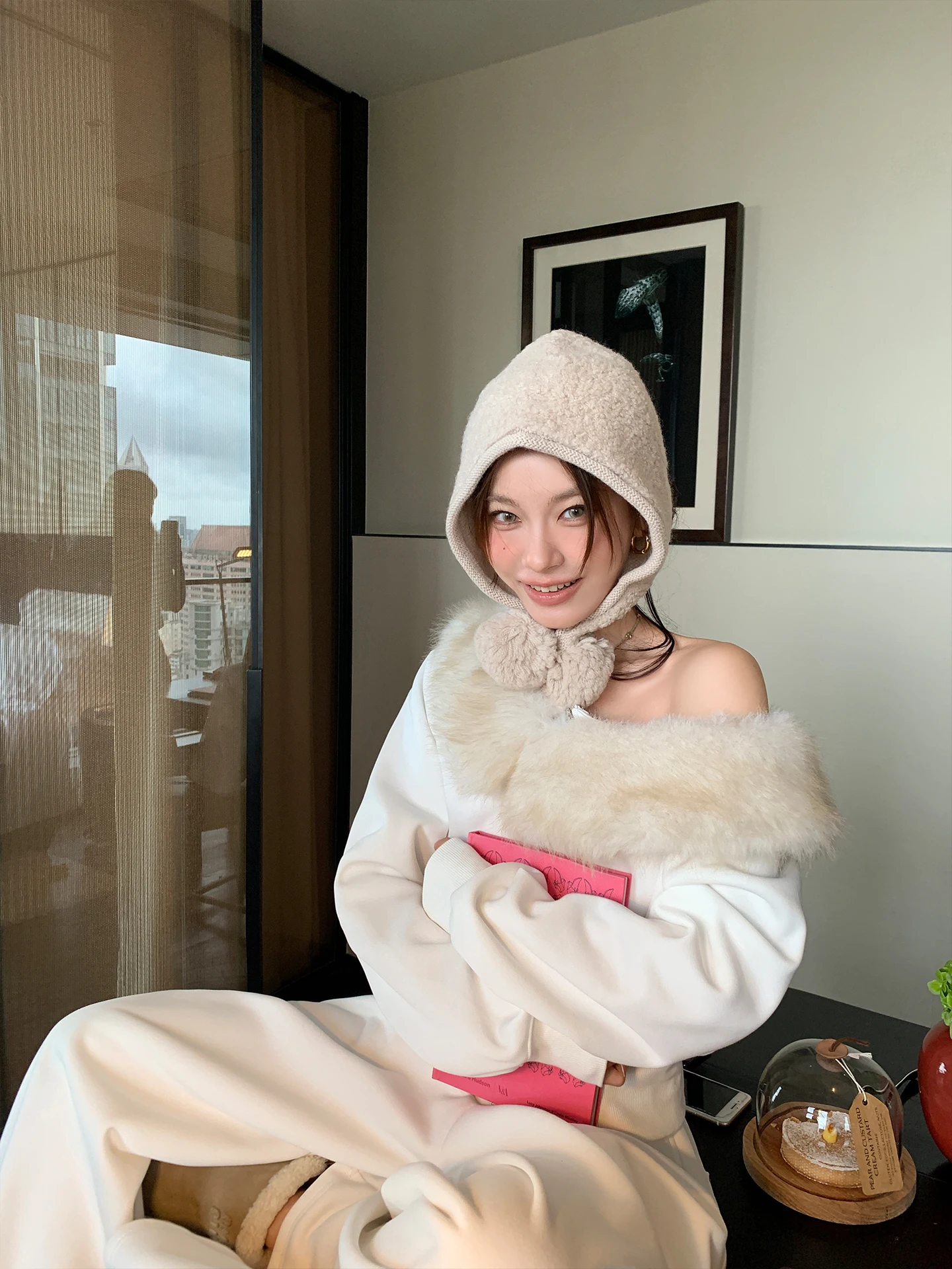 

Paddington Faux Fur Collar Sweatirt Wide Leg Pants Set Brued One oulder Casual Sle High Elastici Cotton Polyester B...