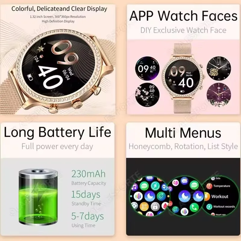 ساعة ذكية للنساء، سوار ساعة ماسي أنيق، شاشة AMOLED، اتصال بلوتوث عالي الدقة، ساعة ذكية مقاومة للماء، مراقبة معدل ضربات القلب والنوم