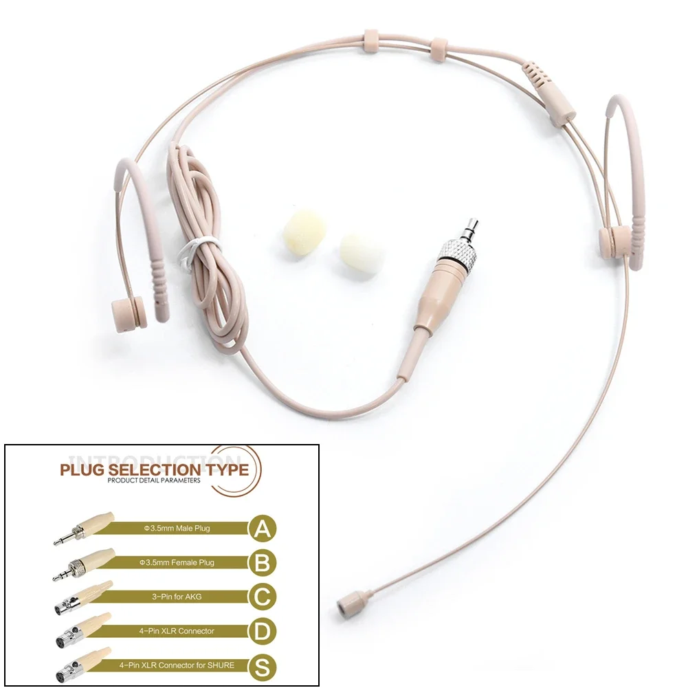 Beige Double Earhook Headset Mic Microphone Lockable Headworn Microphone 3.5mm 3 Pin 4 Pin XLR Plug For For