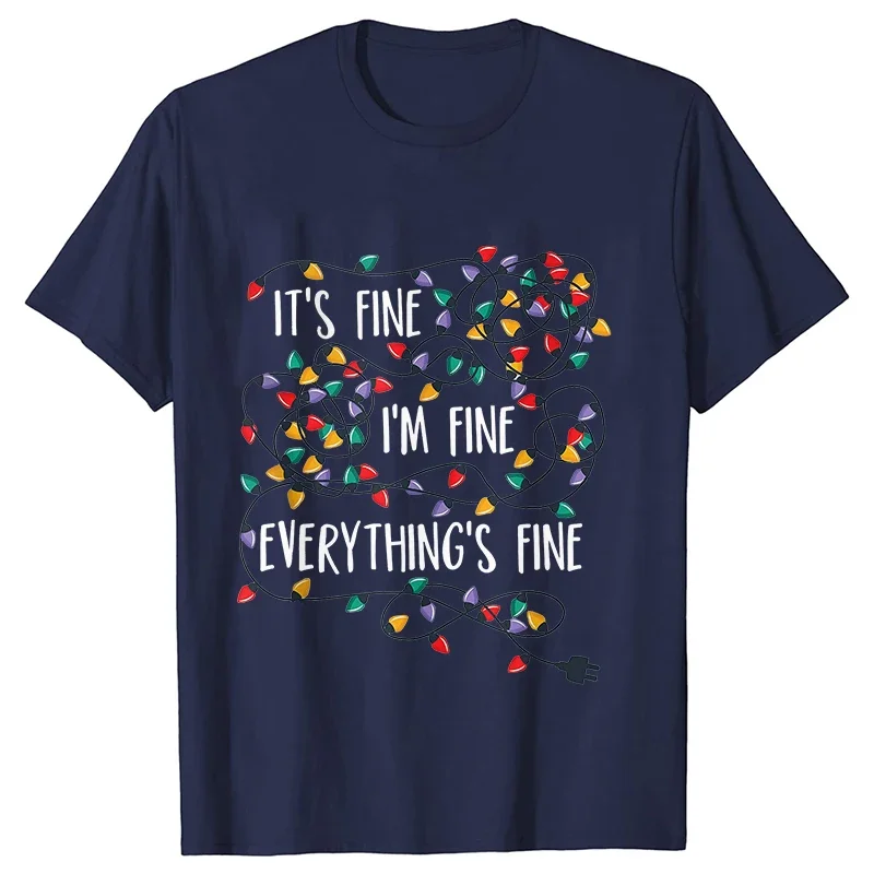 أضواء عيد الميلاد تي شيرت مطبوع ملابس النساء أنا بخير كل شيء جيد قميص قصير الأكمام س الرقبة قميص الإناث عادية تيز