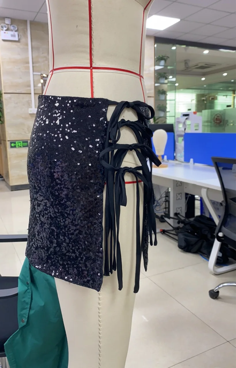 

Women's Sparkly Sequins Bodycon Mini Skirts Side Split Tie Up Low Rise Short Hip Skirts