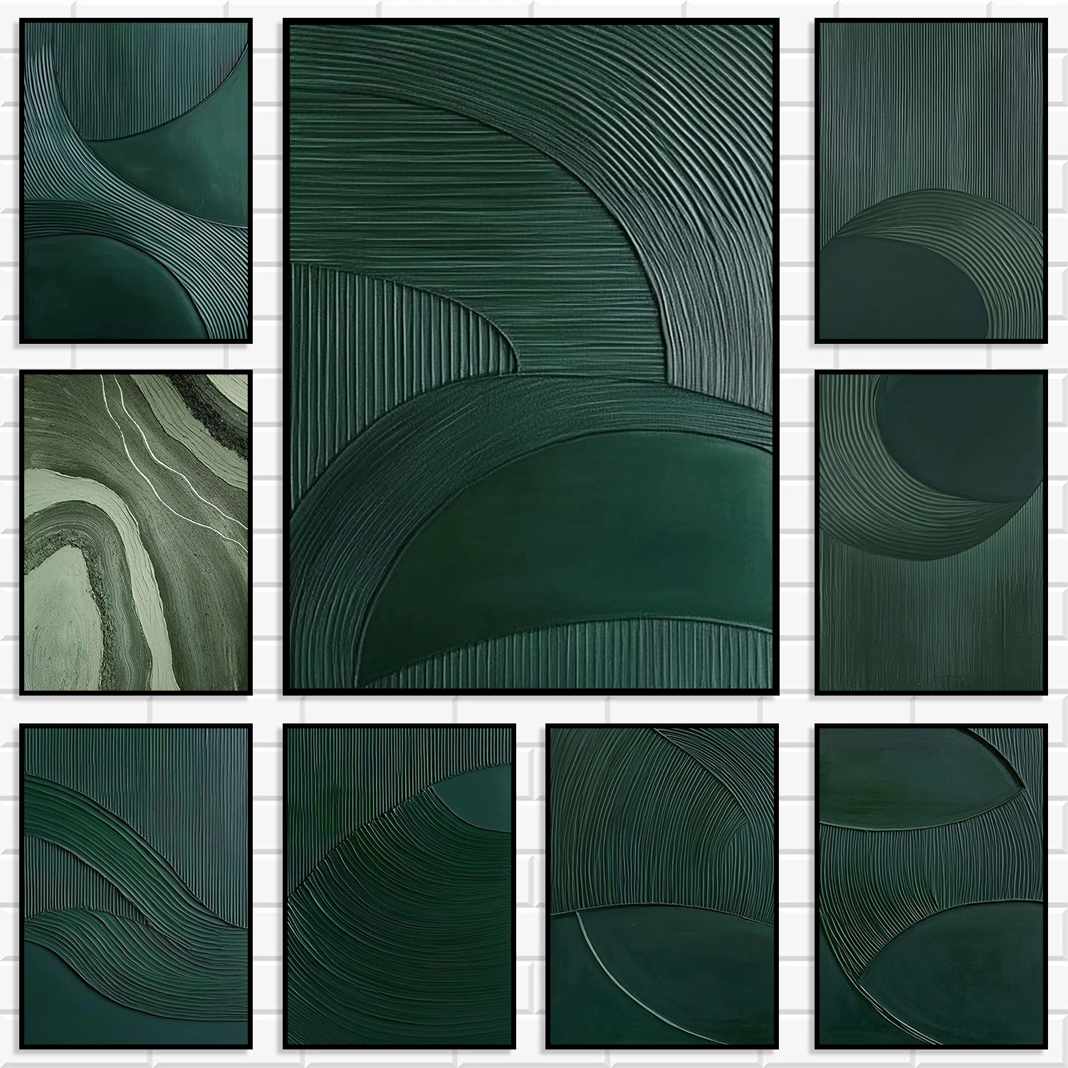Deep Forest Green Heavy Texture Wall Print Bundle Relief Linear Curved Wave Abstract Canvas Poster Modern Aesthetic Home Decor