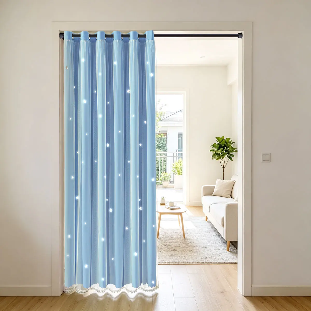 Blue Double Layer Hollow Out Grommet Curtain 1 Panel, Star Cutout Lace Sheer, Scalloped Lace Edge Window Drape for Room