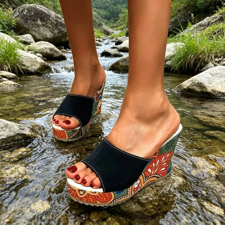 2026 New Women's Fashion Printed Wedge Decorative Open-Toe Slippers Summer Large Size Casual Non-Slip Comfortable Slippers