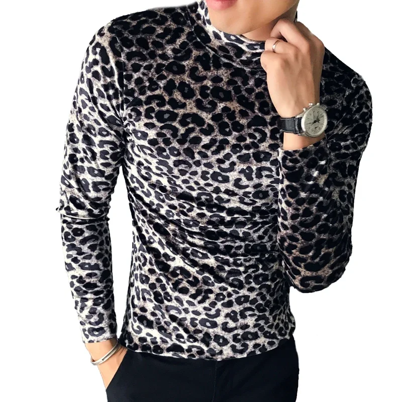 Fashion Leopard T-shirt 2024 Winter Men\'s High Quality Velvet Men\'s Tops Slim High-neck T-shirt Long Sleeve Men T-shirt Camiseta