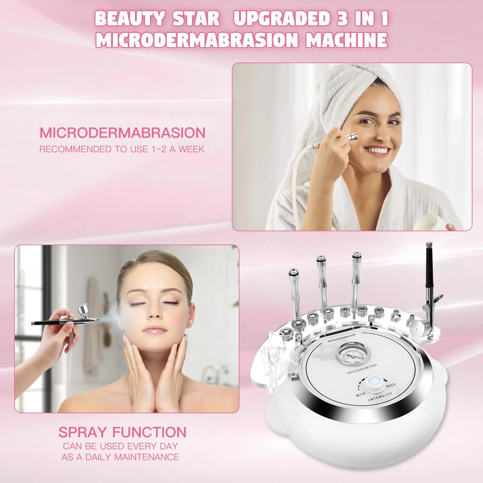 3 in 1 Microdermabrasion Machine, 65-68cmhg Vacuum Suction Power Facial Clean Diamond Machine with Spray Gun for Home Use, Salon