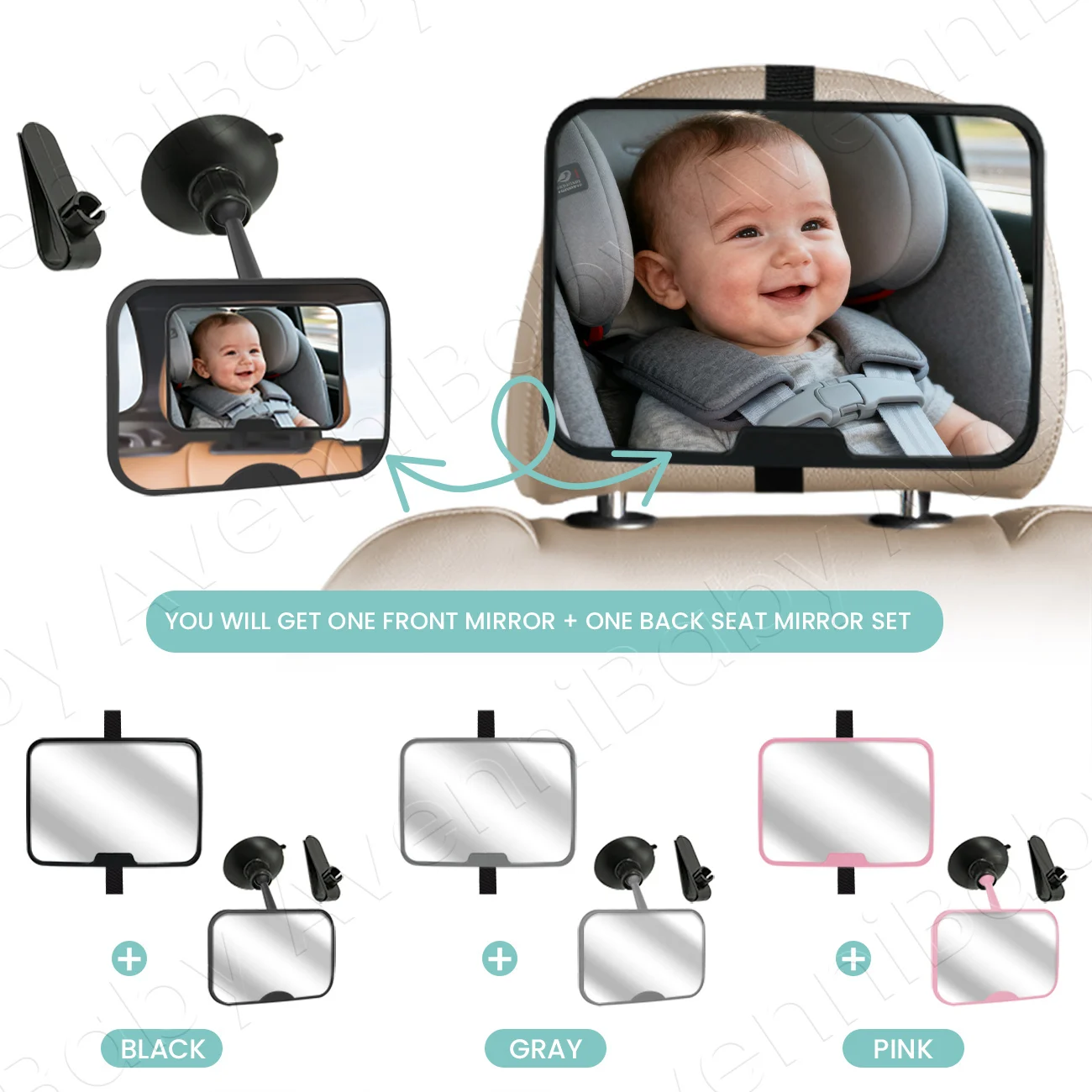 2PC Baby Car Mirror Set Including Clip-On Forward-Facing Mirror & 360° Rotatable Shatterproof Car Seat Mirror For Rear Facing Wi