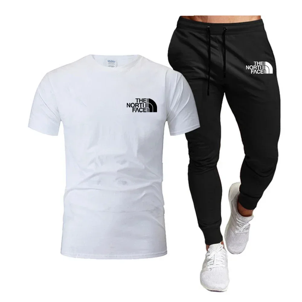 

Summer 2025 Men Tops 100% Fashion Cotton Short Sleeve Long Sweatpants Streetwear 2 Piece Sets Men Clothing