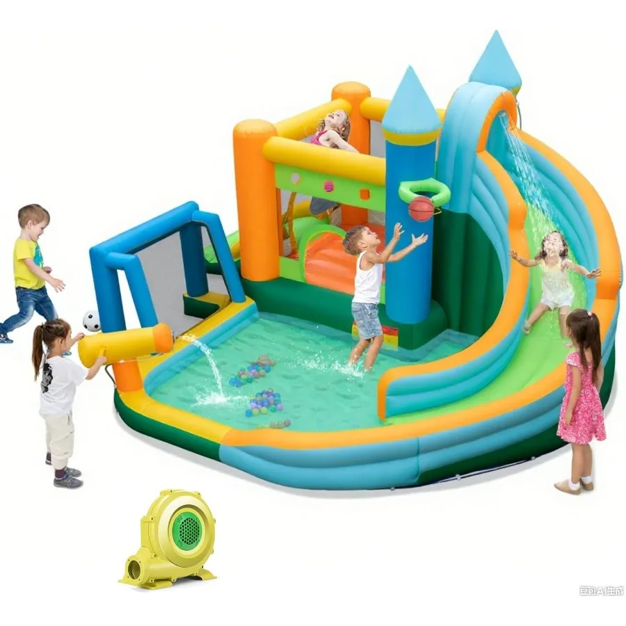 

BOUNTECH Inflatable Water Slide 9 in 1 Water Park with Dual Slides Soccer Gate Climbing Wall Indoor Outdoor Water Bouncy Castle