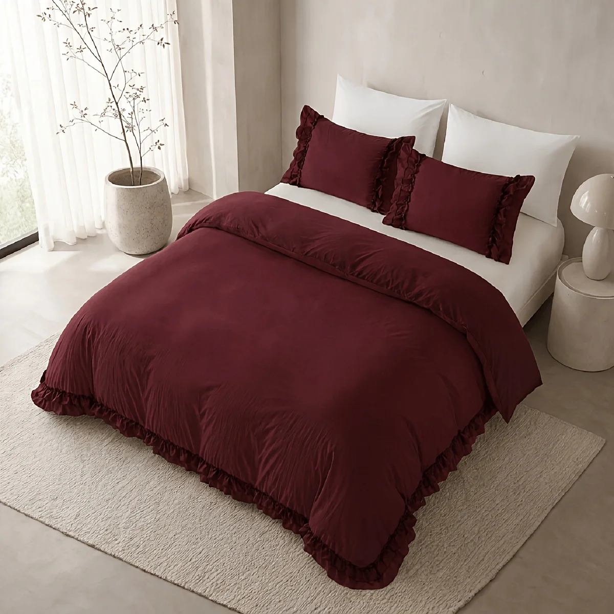 Vintage Wine Red Double-Layer Ruffled Bedding Set Premium Soft fabric Queen King size 1Duvet Cover+2Pillowcases for All seasons