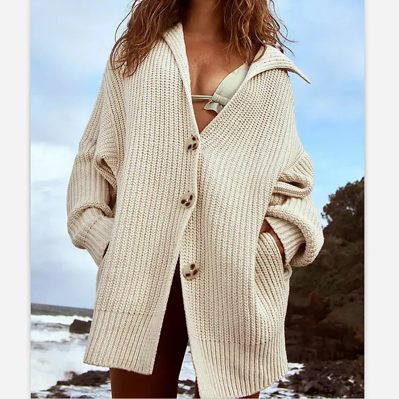 Women's Autumn/winter Fashion Casual Solid Color Lapel Pocket Single Breasted Mid-long Loose Knitted Cardigan Coat Uniform Size