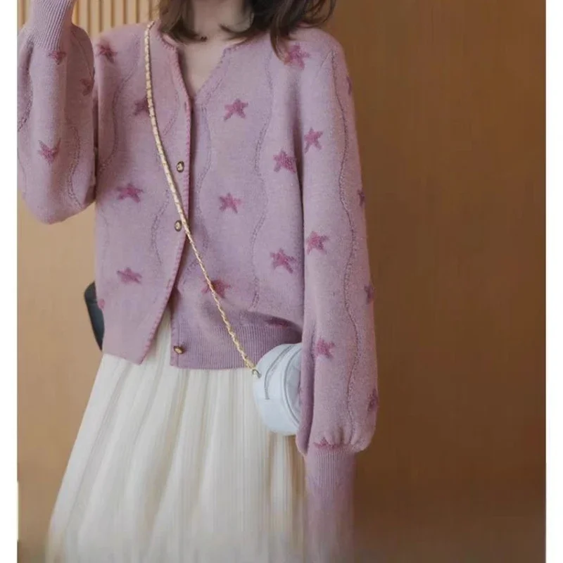 2026 Spring New Five-pointed Star Jacquard Knitted Sweater Fashionable Gentle Niche Design Cardigan Top