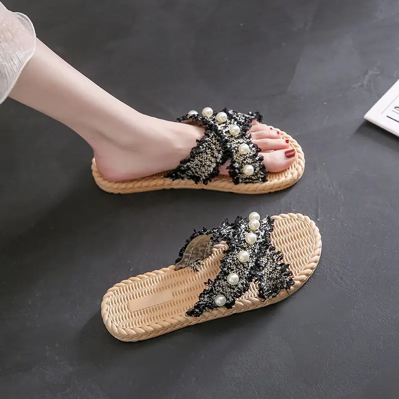 Sandals Flat on Beach Summer Jewels Woman Slippers Pink Low Heel Slides Rhenstone Shoes for Women 2024 Crystals New Collection I