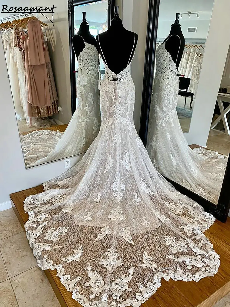 Abiti da sposa a sirena aperti sul retro senza maniche in cristallo glitterato Spalline con applicazioni Abiti da sposa country in pizzo