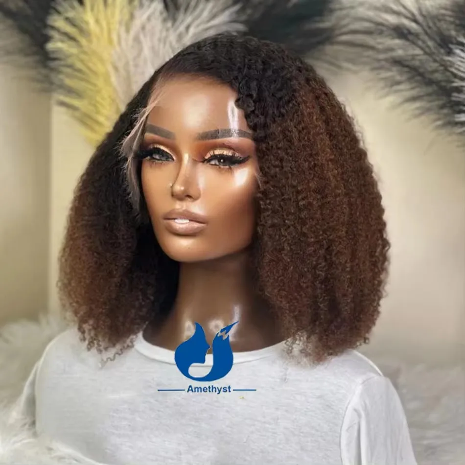 Amethyst Ombre Brown Afro Kinky Curly 13x6 Lace Front Human Hair Wigs for Women Glueless Brazilian Lace Frontal Bob Side Part