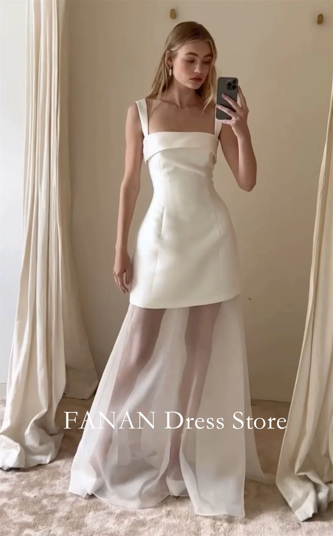 

Fanan Customized White A Line Spaghetti Straps OSatin Floor Length Backless Ivory Elegant Wedding Dresses without Sleeves