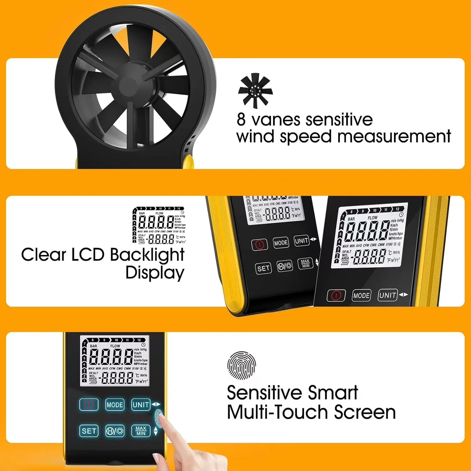 مقياس شدة الريح القابل لإعادة الشحن، مقياس سرعة الرياح الرقمي الذكي الذي يعمل باللمس، مقياس سرعة الرياح CFM المحمول لقياس تدفق الهواء